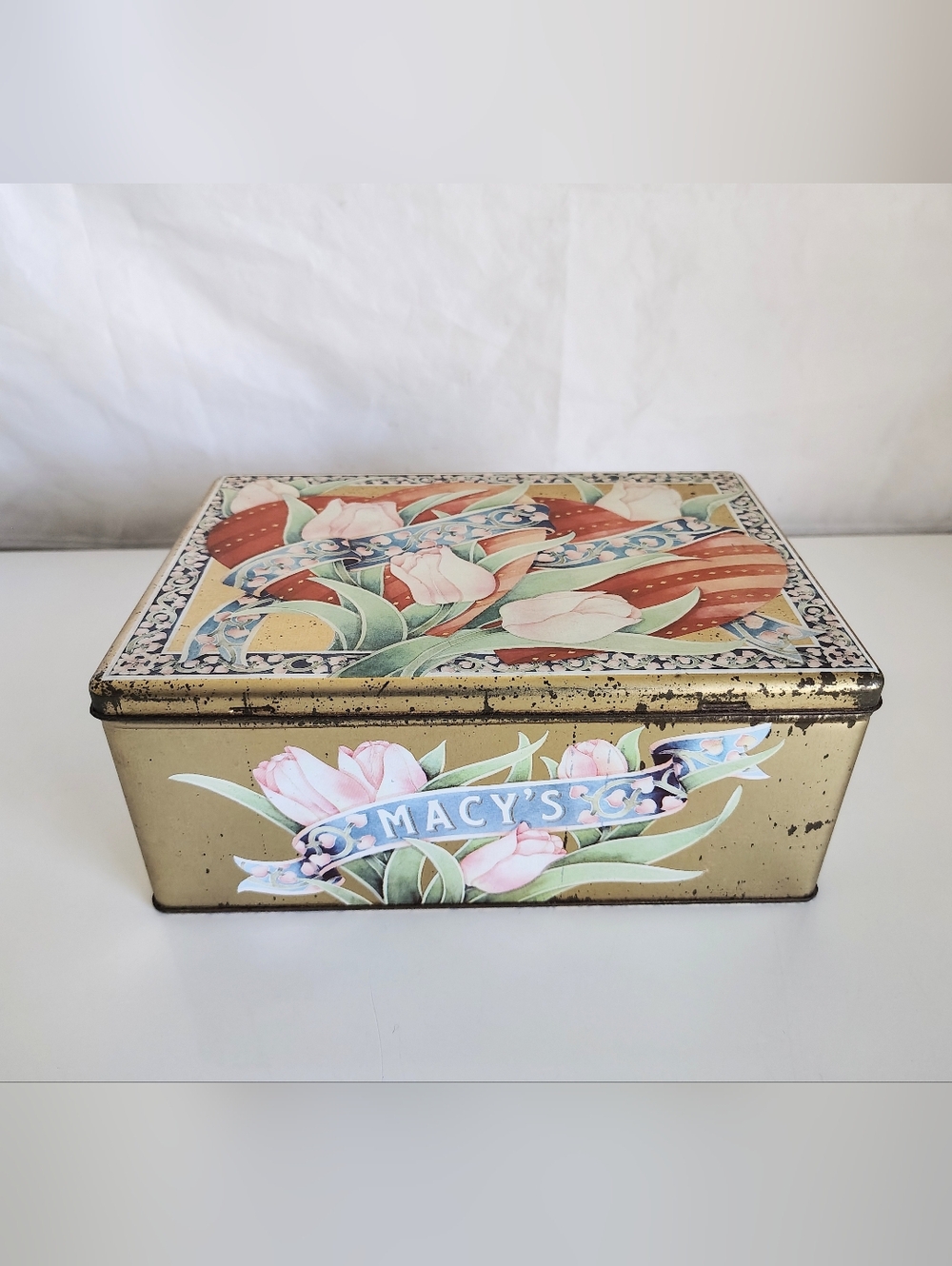 Vintage Macy's Decorative Floral Tin Made In England  Pink Storage Box